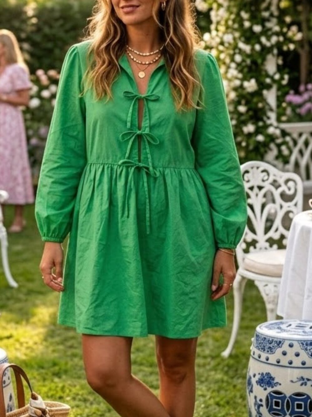 Garden Party Boutique Dress‎ Size XL BTFBM Kelly Green Tie Front Balloon Sleeve